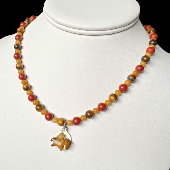 CAROLYN POLLACK STERLING SILVER TIGERS EYE BEADED WAGON WHEEL NECKLACE  16" -20" - Picture 7 of 16